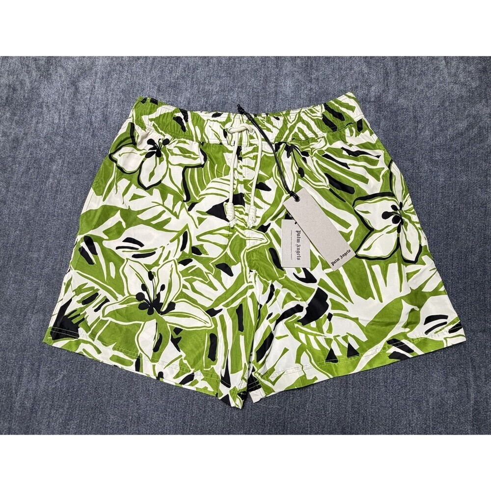 NWT Palm Angels Macro Hibiscus Swim Shorts Men Large Green/White 100% Polyester